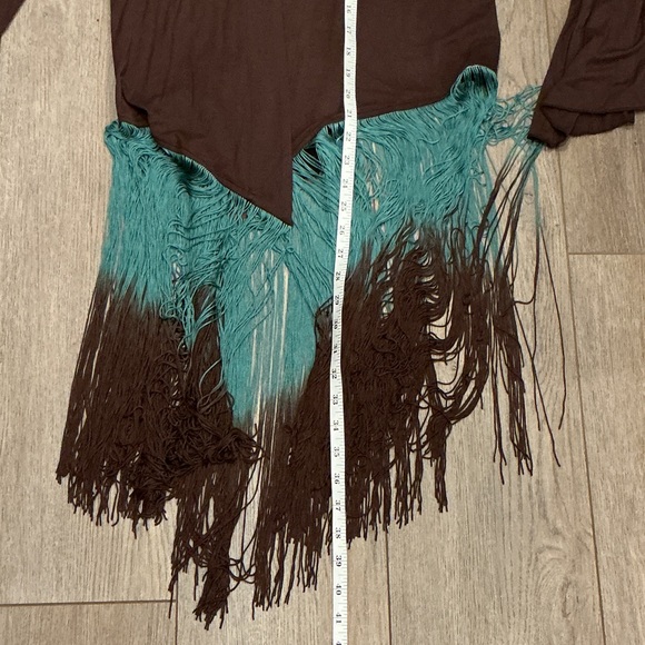Boston Proper Women’s  Western Boho Brown Teal Fringe Open Cardigan Size Medium - Picture 12 of 15